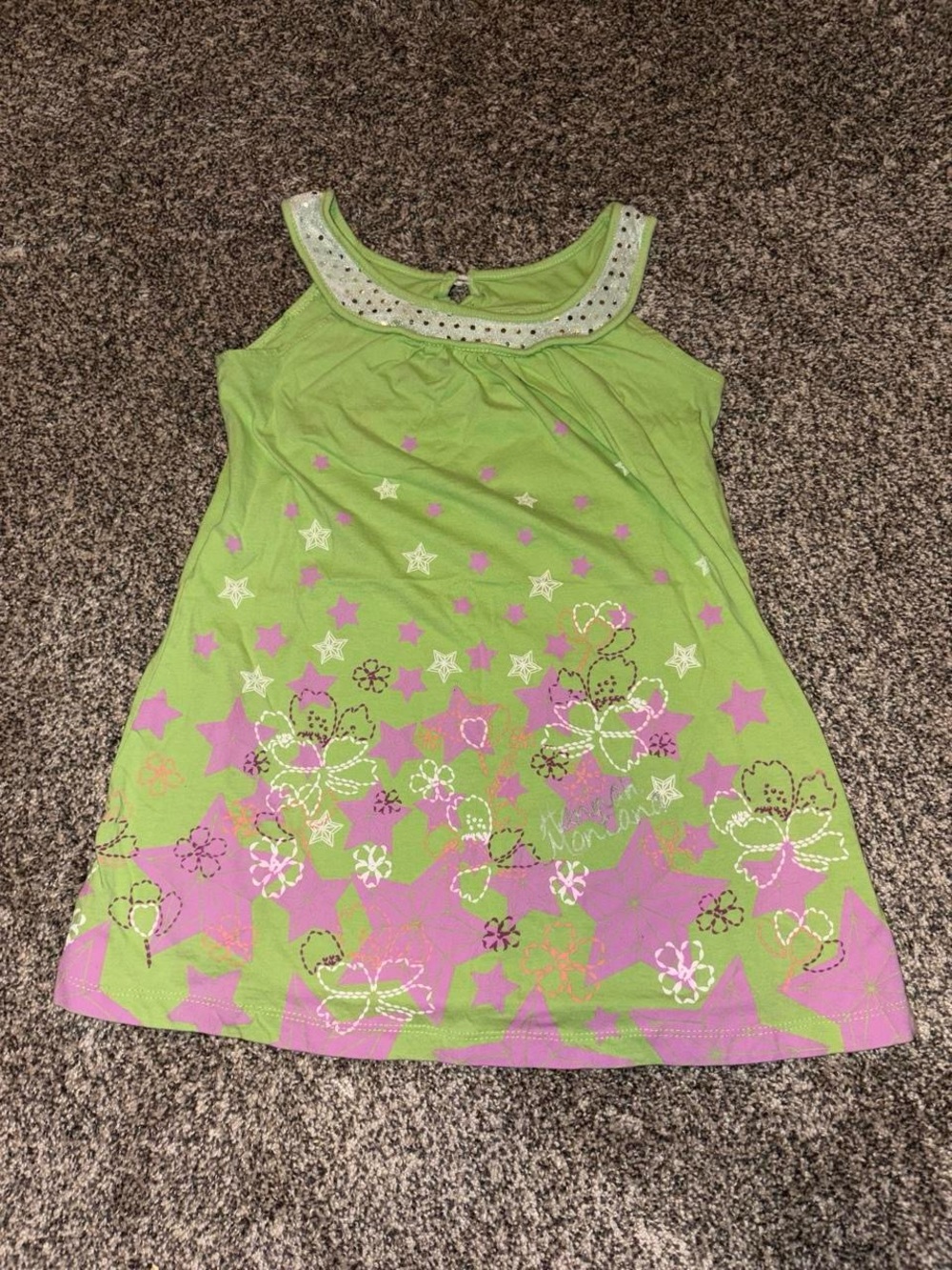 Y2K Hannah Montana lime green and pink tank top with floral design and sequins